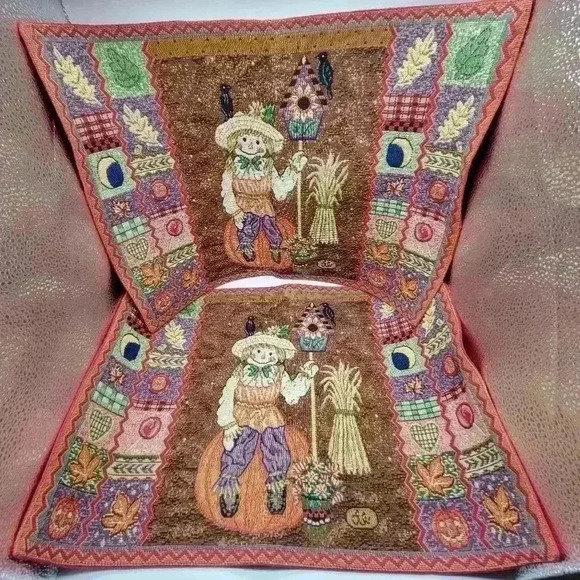 VTG Set of 2 Fall Tapestry Placemats Happy Scarecrow Pumpkins Crows Birdhouses - Picture 1 of 9
